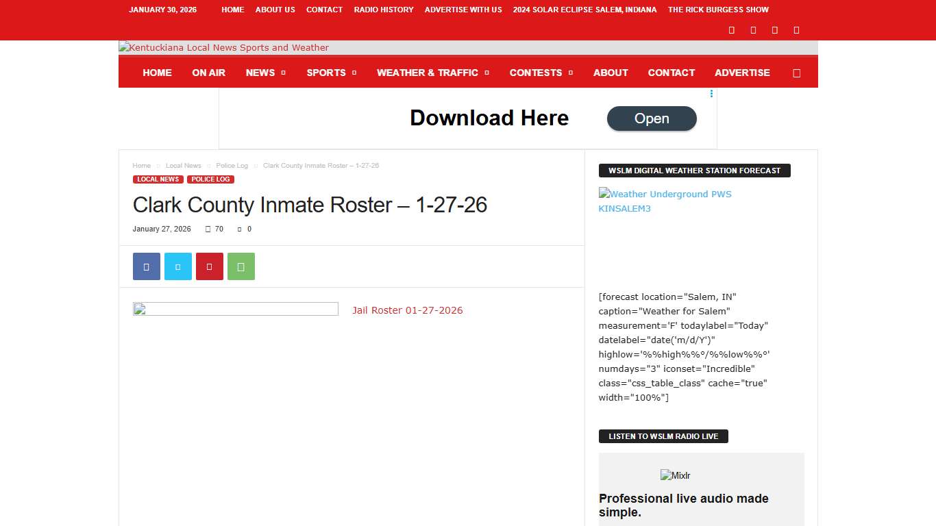 Clark County Inmate Roster – 1-27-26 WSLM RADIO